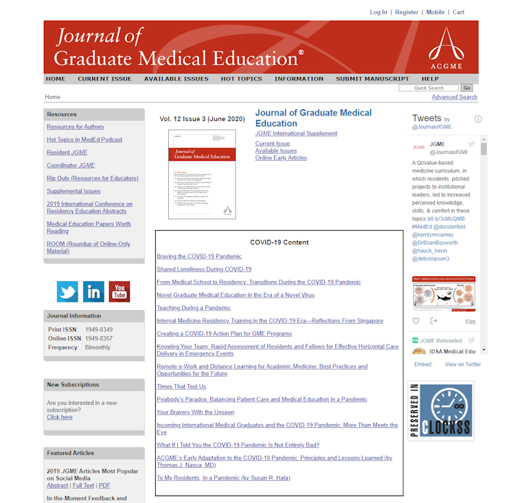 JGME.org homepage screenshot, featuring COVID-19 content